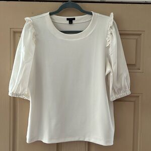 Ann Taylor Cream Ruffle Shoulder Blouse Petite